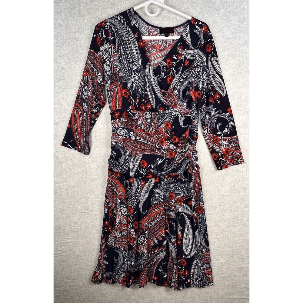 Rekucci Navy Red Paisley V-Neck 3/4 Sleeve Wrap Midi Dress Women's Size 12 Boho